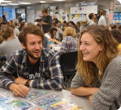Um rapaz e uma rapariga sorriem, sentados à mesa enquanto jogam um jogo de tabuleiro